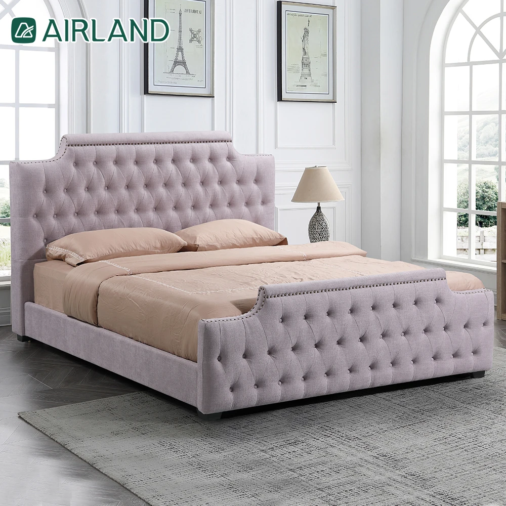 Name brand King size luxury queen bed seuropean style bedroom furniture fabric bed frame pink sleigh bed