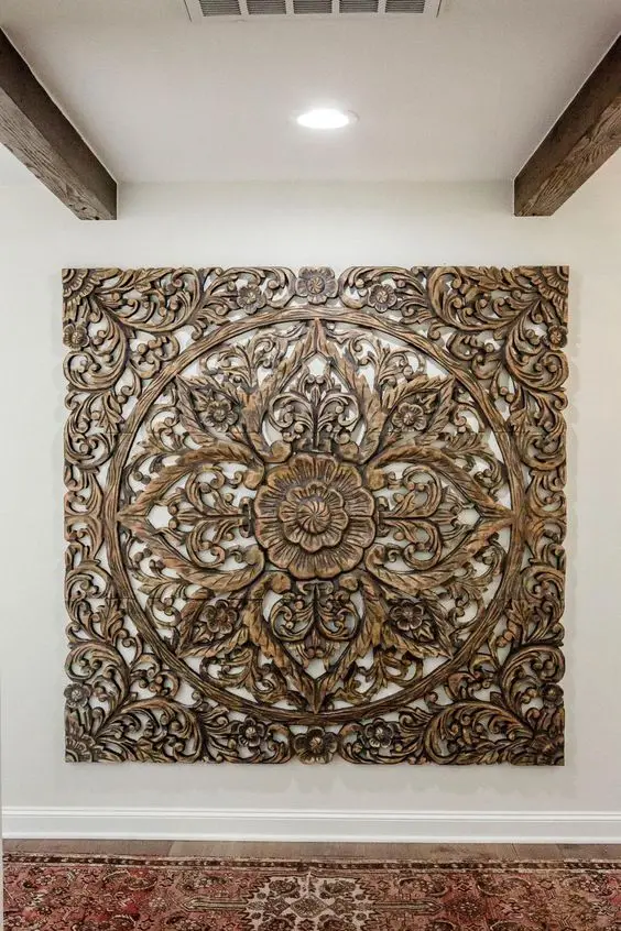 Carved Wooden Bedhead or Wall Panel