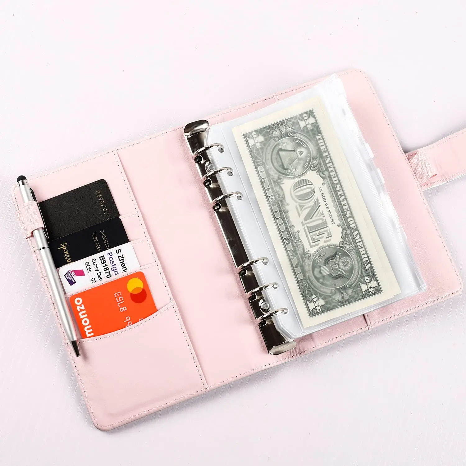 Pocket A6 PU Notebook Binder Cover, 6 Ring A6 Binder Budget Cash Envelopes for Women, Budget Planner Travel Journal