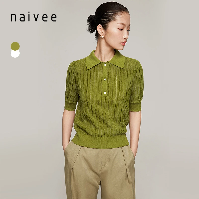 
naivee spring series vintage jacquard knit POLO cotton slim women shirt pastel color 