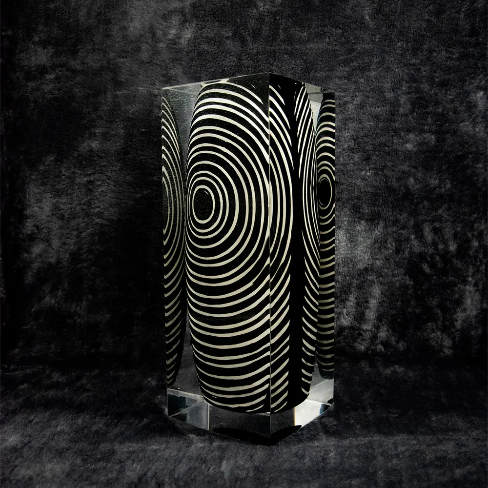 Creative vintage vase in transparent acrylic Rectangular tall clear resin black white spiral pattern vase for table decor