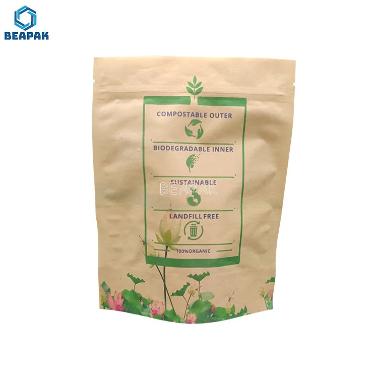 
Biodegradable kraft paper/mylar transparent heat seal resealable stand up pouches 