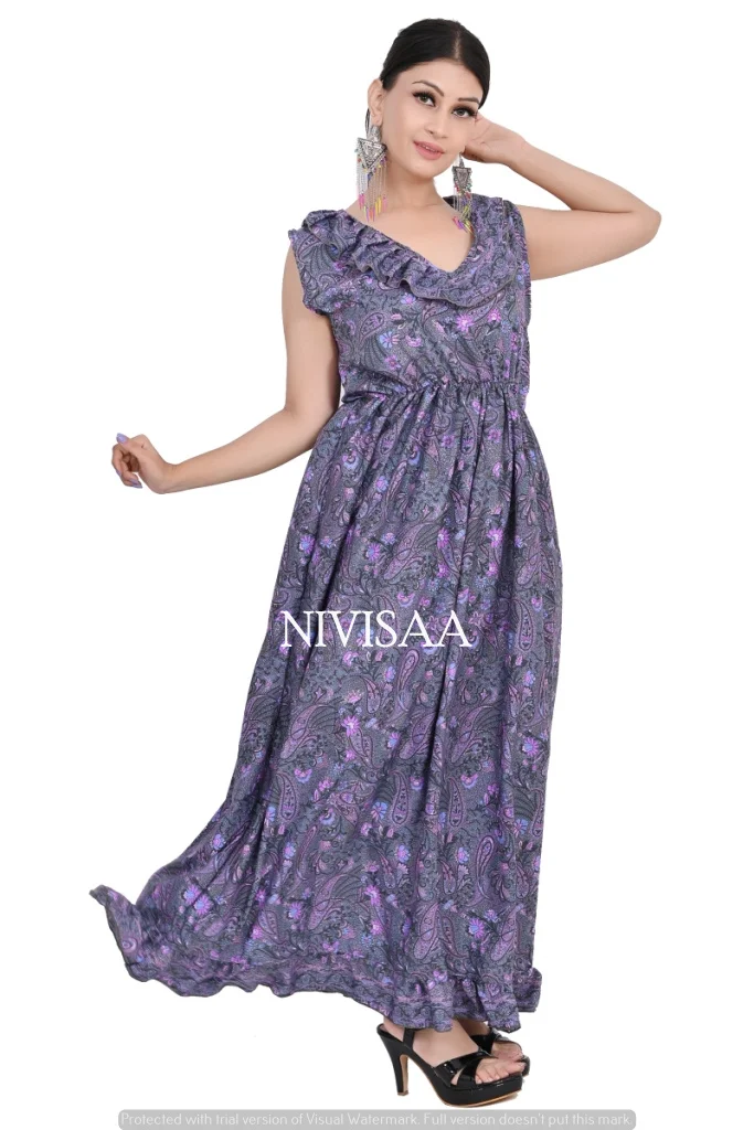 Summer Blue Color 2022 Long Dress Floral Printed Boho Beach Dress Short Sleeves Elegant Design Attractive Look Dress