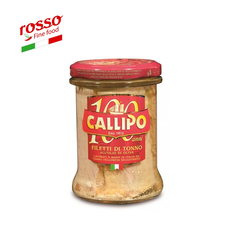 Филе ЖЕЛТОГО ТУНЦА с оливковым маслом, стеклянная ваза, каллипо 200 г, Сделано в Италии