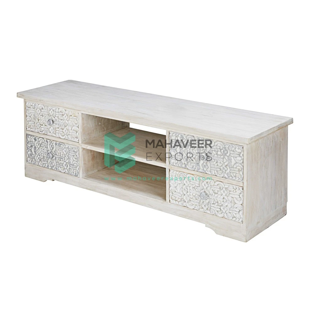 Modern White Distressed Finish Carved Living Room Plasma Tv Stand / Tv Cabinet / TVC
