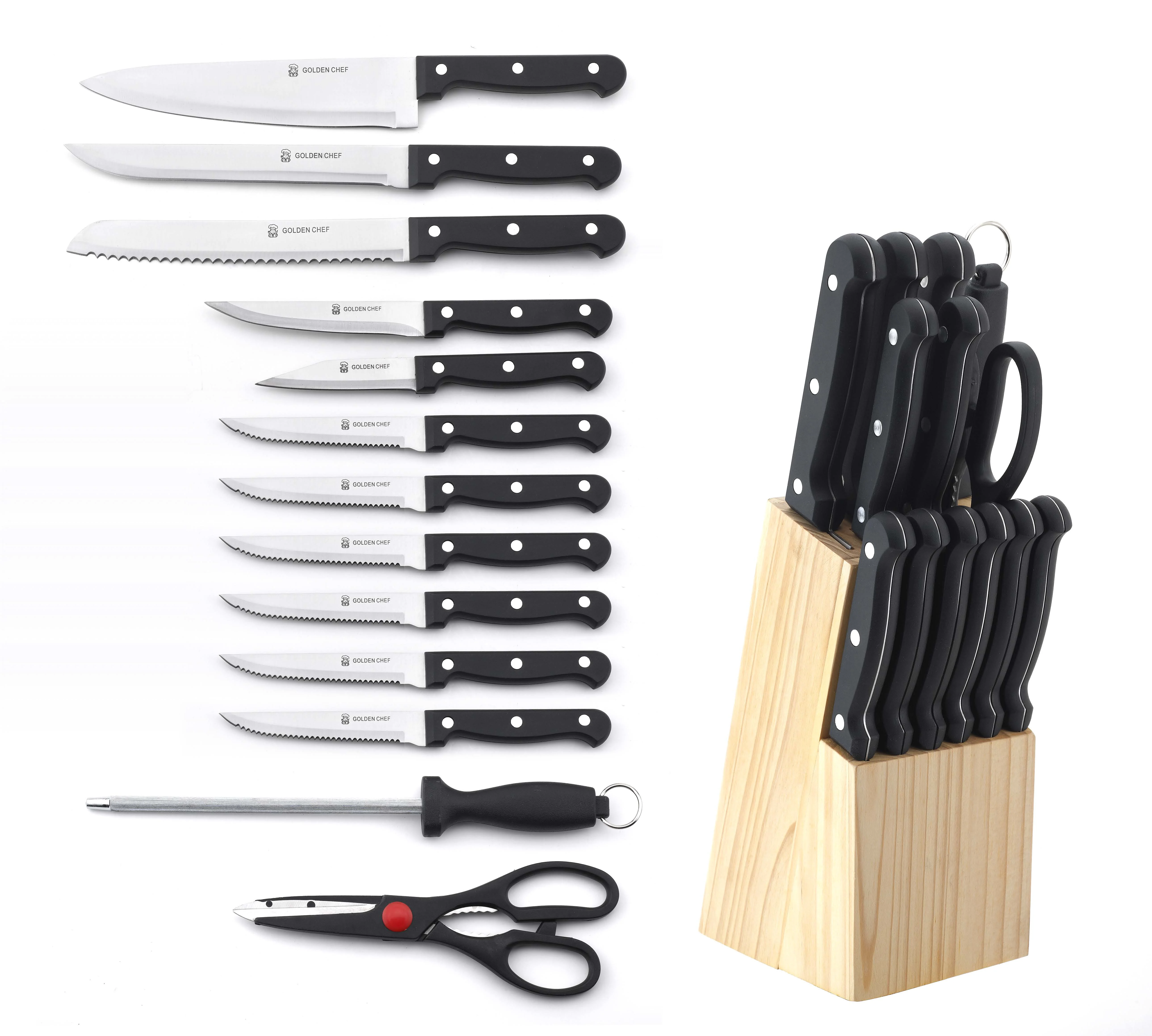 Yanjiang factory kitchen Chef Knife Set with steak knives full tang handle with 3 rivets, sharpener, shears in pinewood block