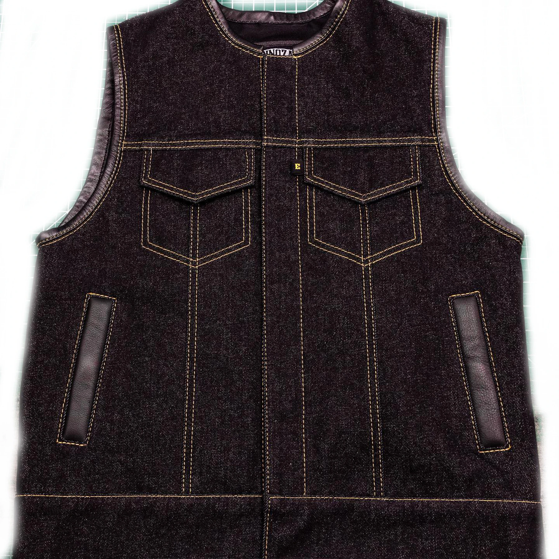 Mens Biker Style Denim Club Vest Side Lace Waistcoat With Real Leather Trim Motorcycle Vest for Men