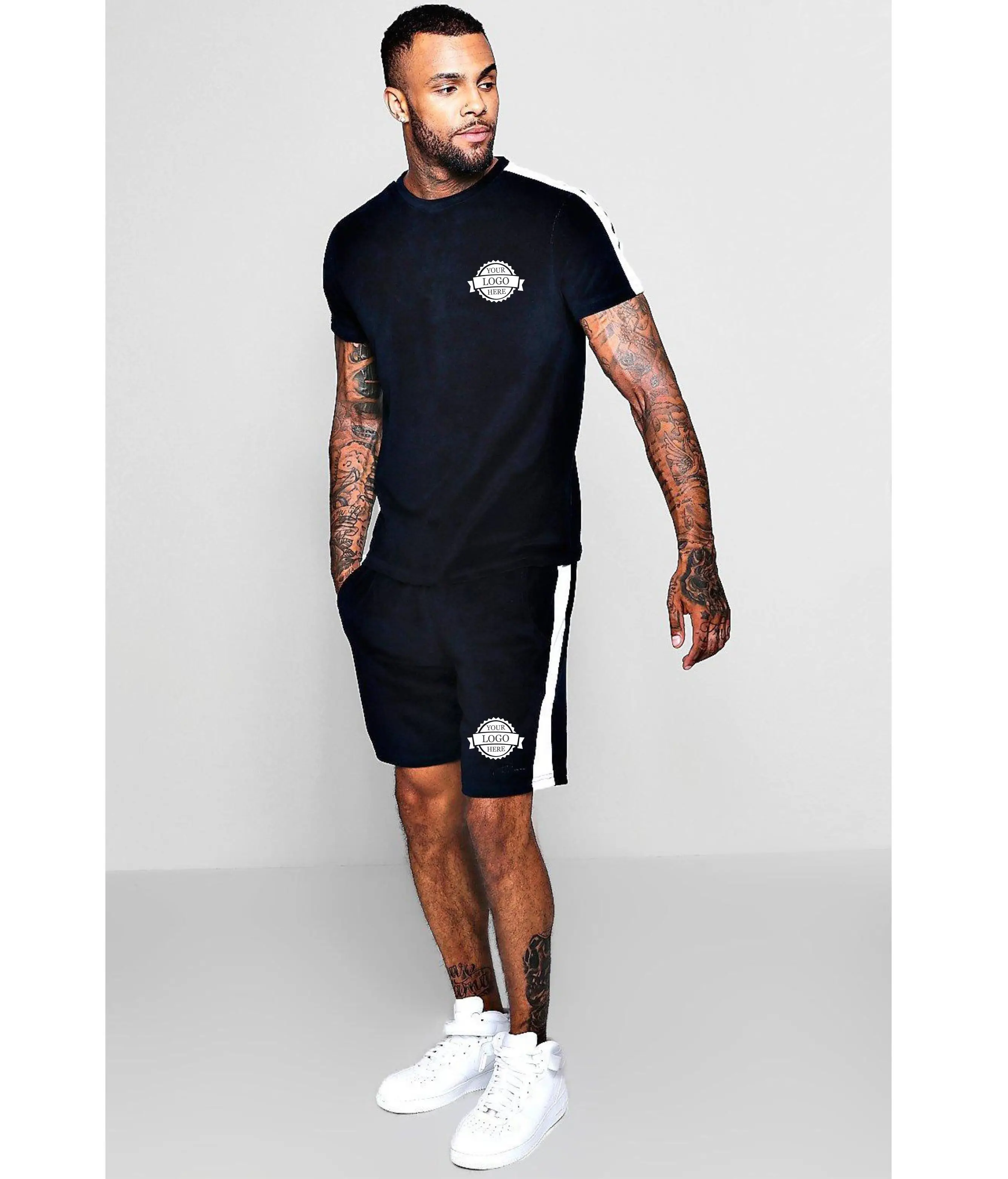  Оптовая продажа комплект из 2 частей для мальчиков с вышитым логотипом велюровый двойной шорты на шнуровке и футболка контрастным вырезом по низкой цене