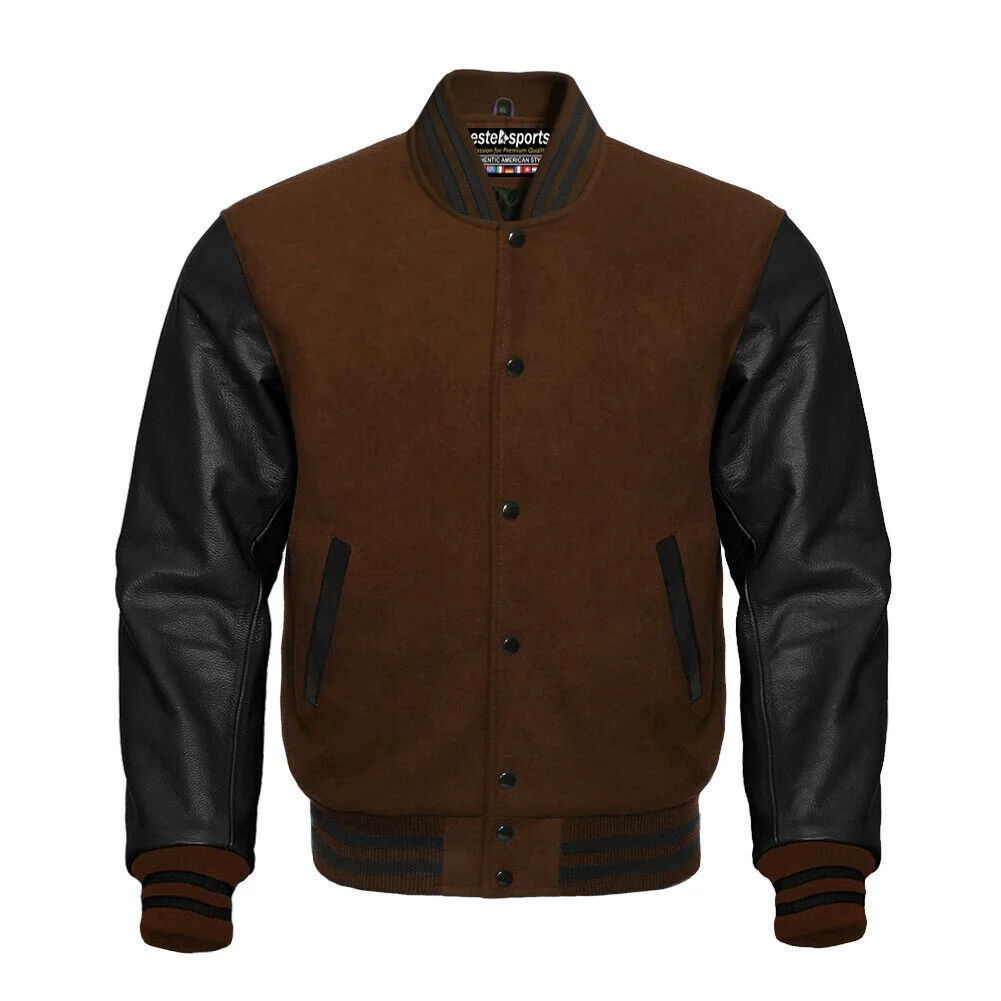 Cotton body and original cowhide leather sleeves jacket with satin lining inside letterman jacket