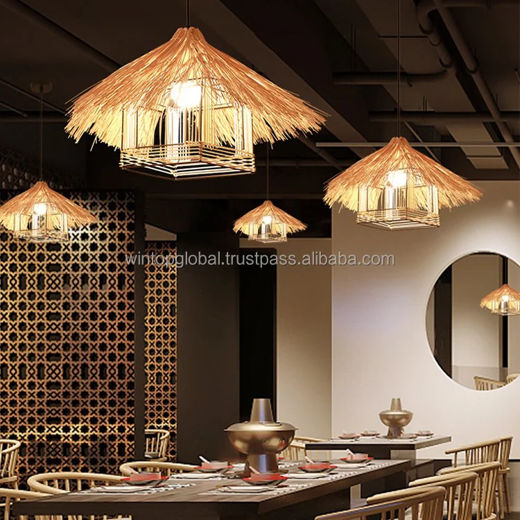 Outdoor Rattan Ceiling Chandelier Light Bamboo Pendant Sleeping Rope Led Light Lamp Shade Cover Handmade for Decoration