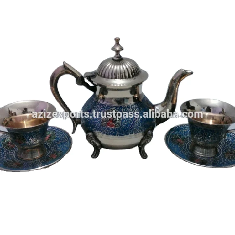 Brass Tea set with cup and saucers enameled and engraved