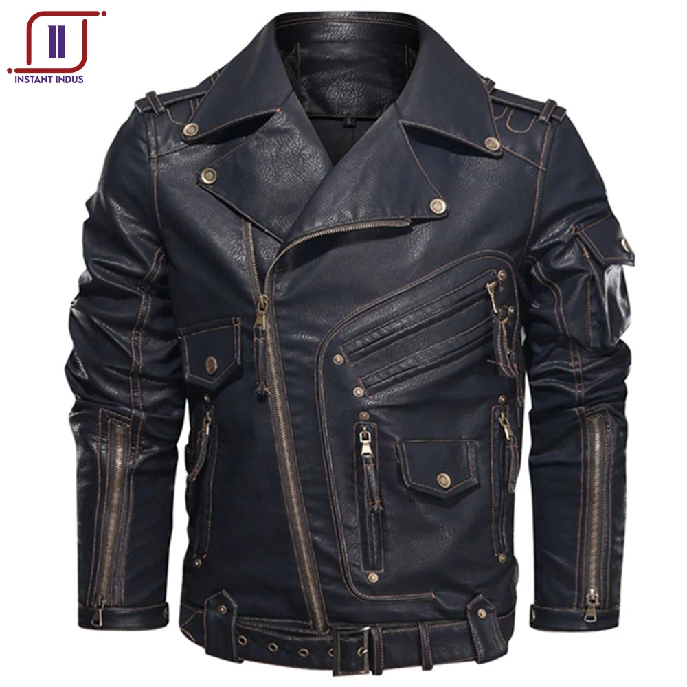 Winter Mens Leather Jacket Men Fashion Motorcycle PU Leather Jacket Cool Zipper Pockets Leather Coats EU Size OEM