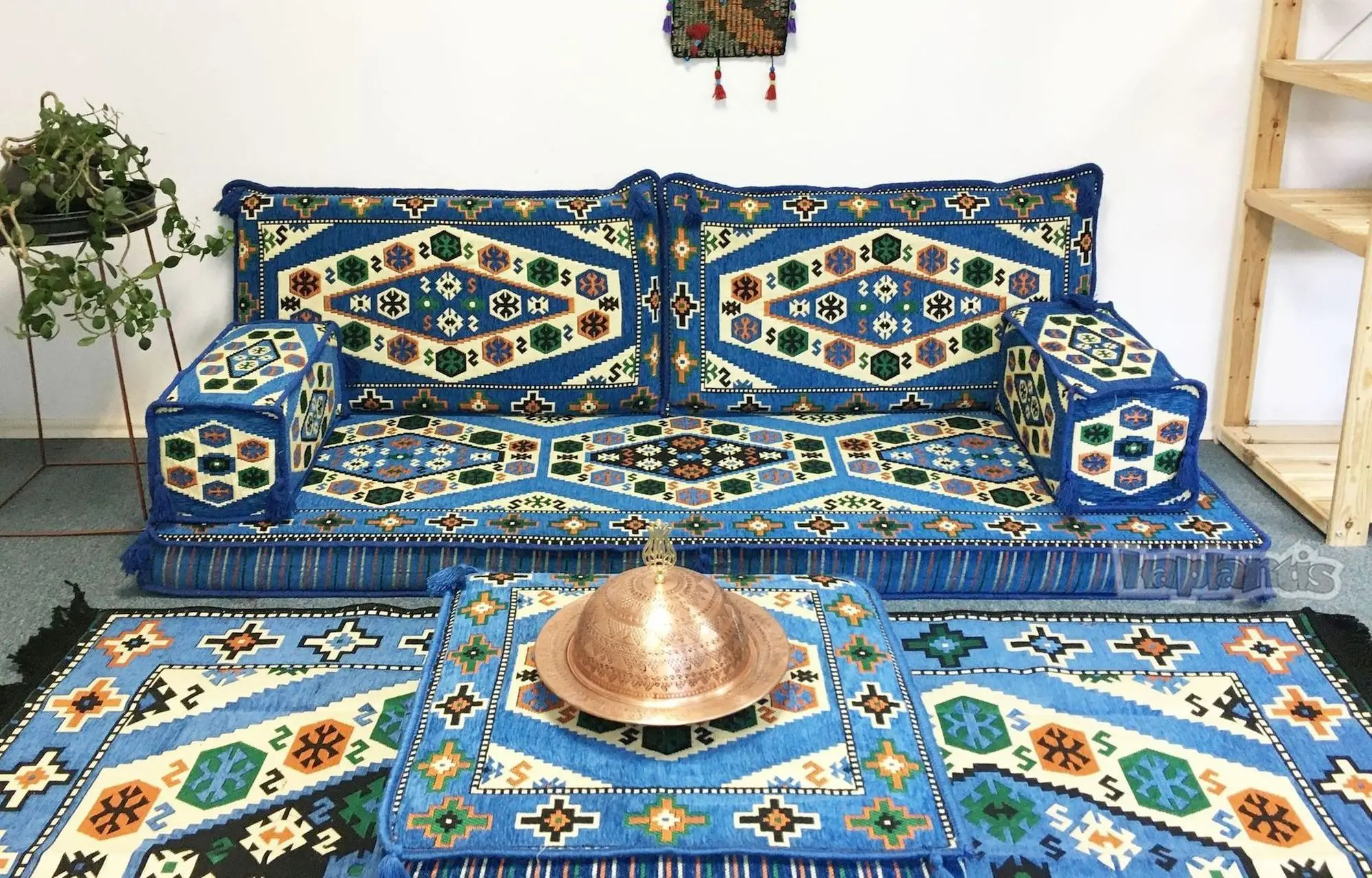 Hookah Bar Nargile Arabic Seating Floor Cushion Set Blue with 22 Density Foam Fillings