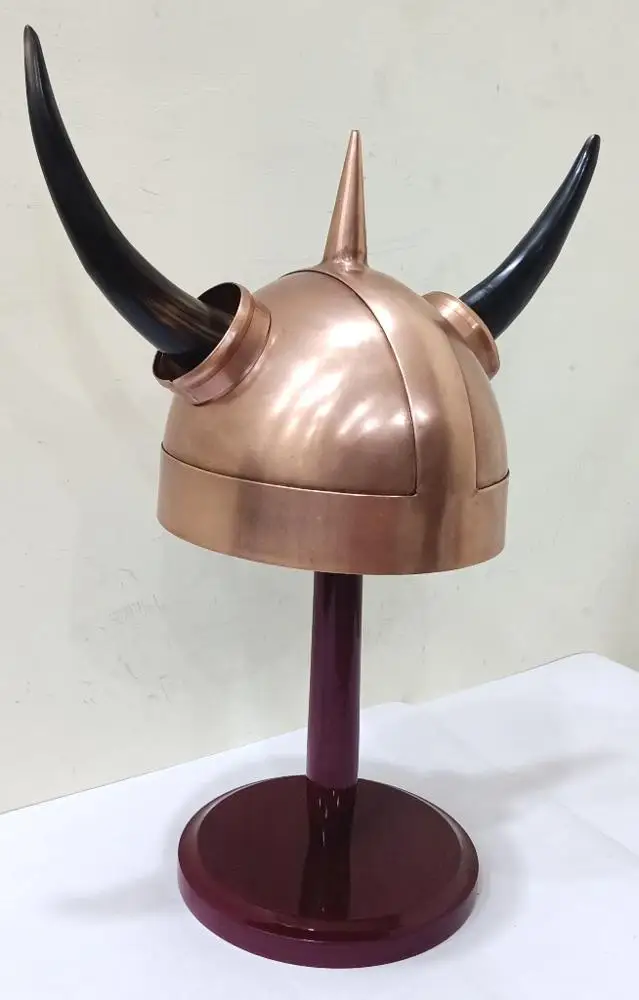 Medieval Armor Helmet 18 Gauge Steel Viking Helmet with Wooden Stand Buffalo Horns Head  Safety Arm Helmet Copper Polished