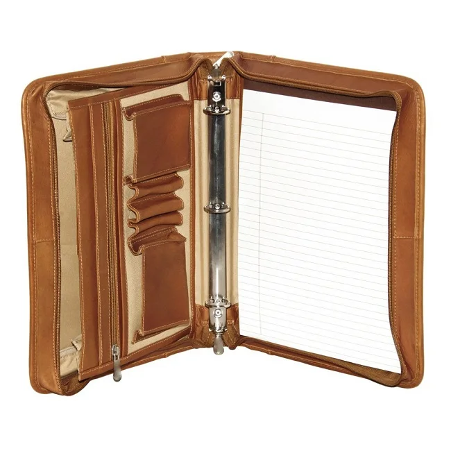  Leather ring binder zip closure folder with 3