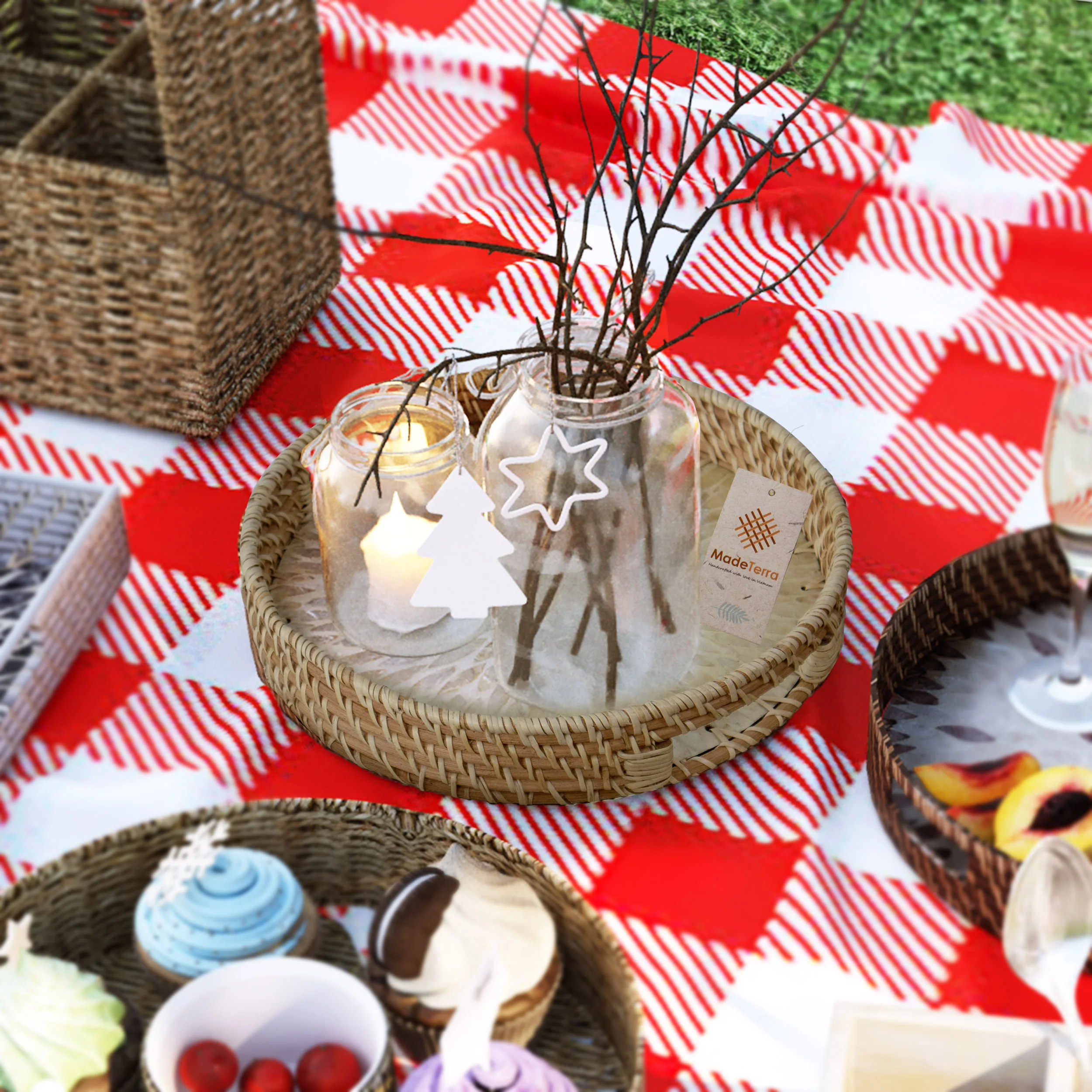 Set Of 2 Mother Of Pearl Inlay with Rattan Serving Tray for Breakfast, Snacks and Fruits - Rattan Tray Handmade Bone Inlay Tray