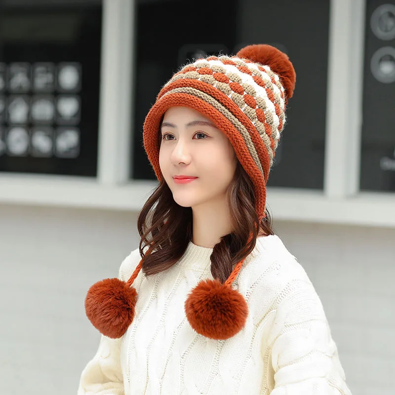 
Ladies 3 ball ear cap adult matching HAT knit cap 
