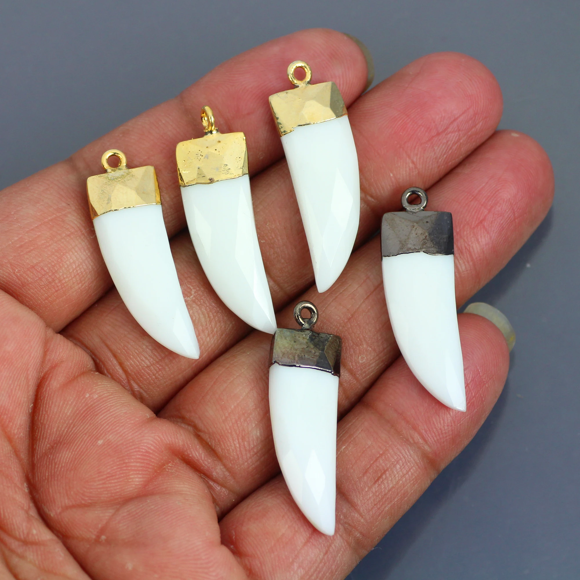 Faceted White Agate Drop Tusk Flat Pendant Horn Rainbow Tooth Spike Shape With Electroplated Gemstone Charms