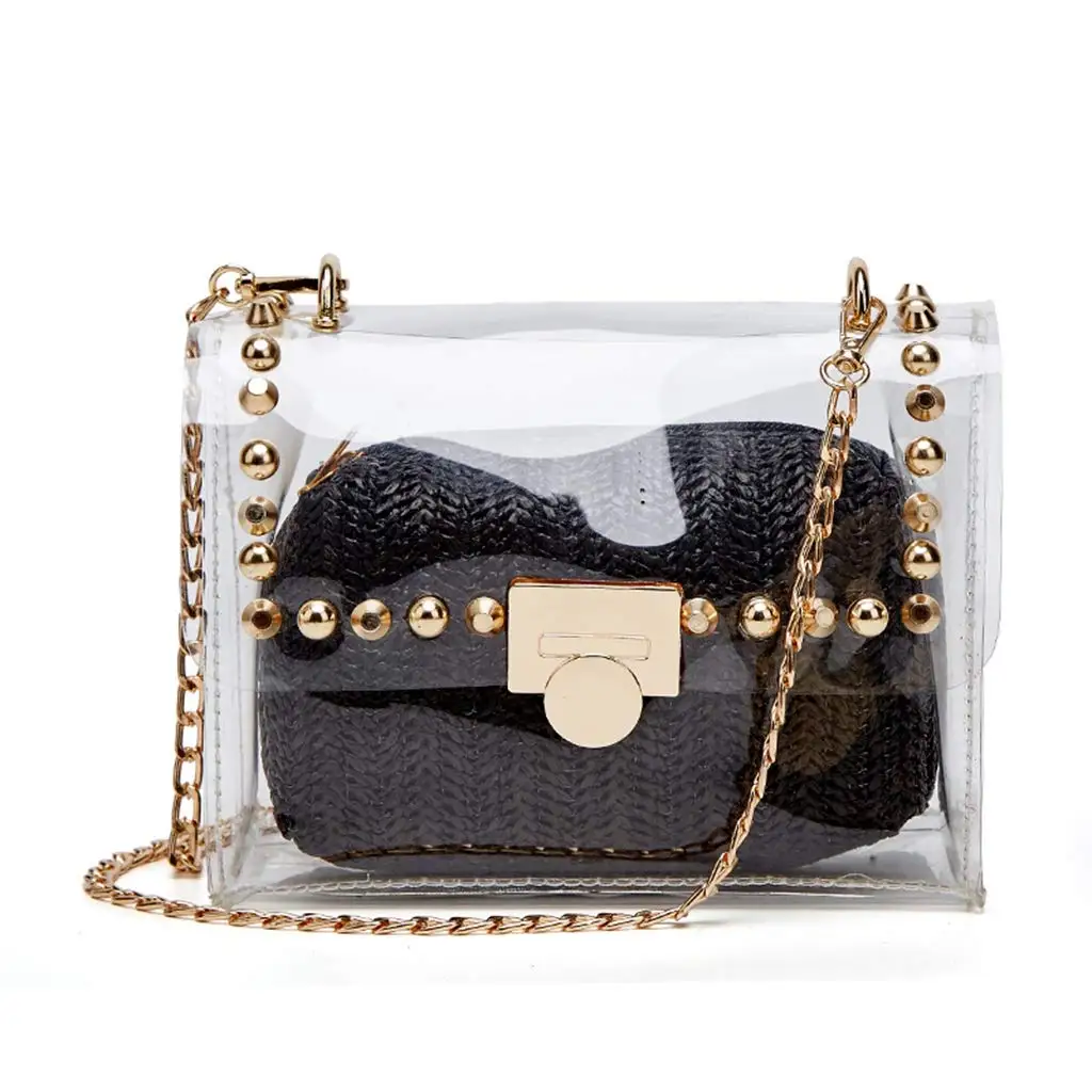Transparent Shoulder Bag PVC Handbags Clear Purse Fashion Rivet Chain Strap  for Women Cross body Bag
