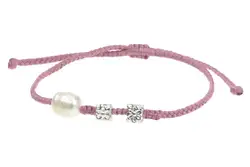 Bracelet with Fresh Water Pearl and Silver Color Triangle Hammered Beads on Hand-braided Cotton String