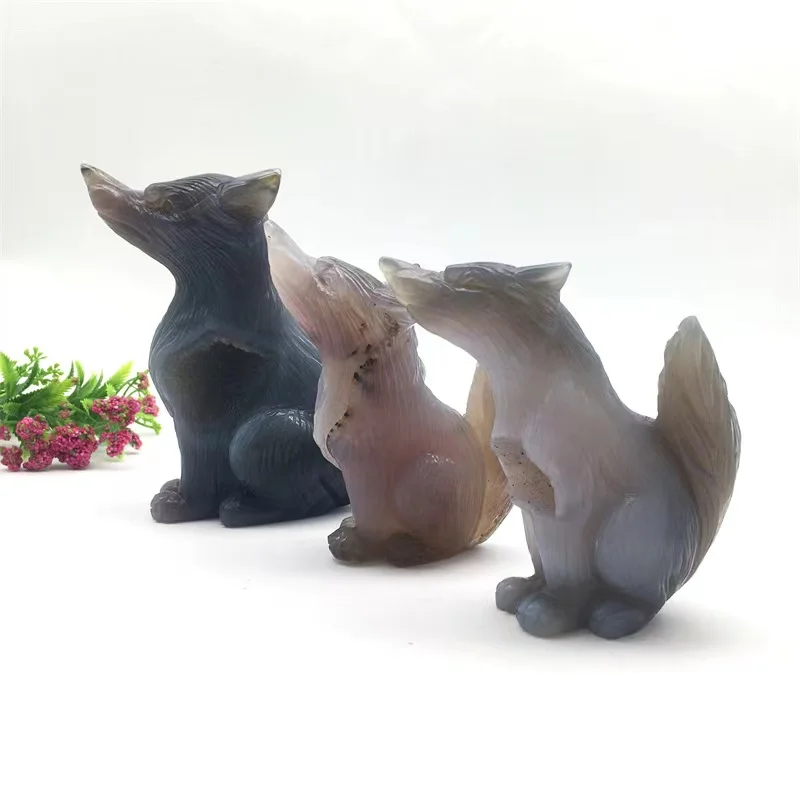 Wholesale natural Amazing Hand Carved Wolf Natural Decorative Carvings Agate Geode Wolf Statue