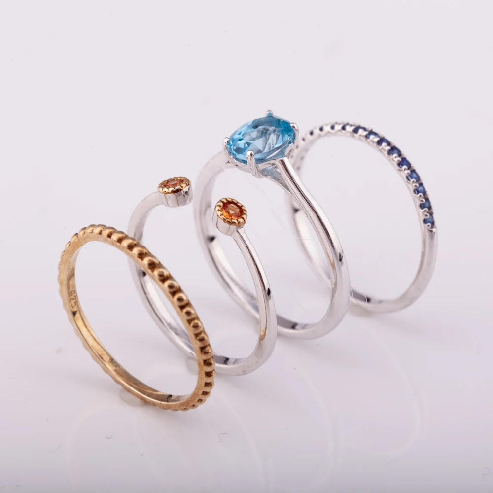 Stackable ring comes with 4 pieces silver 925 with natural blue topaz and orange sapphire and factory price