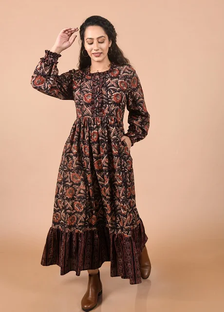 Cotton Hand Block Printed Bohemian Dress For Women  Designer Printed Maxi Standard Beach Wear Autumn Dress For Female