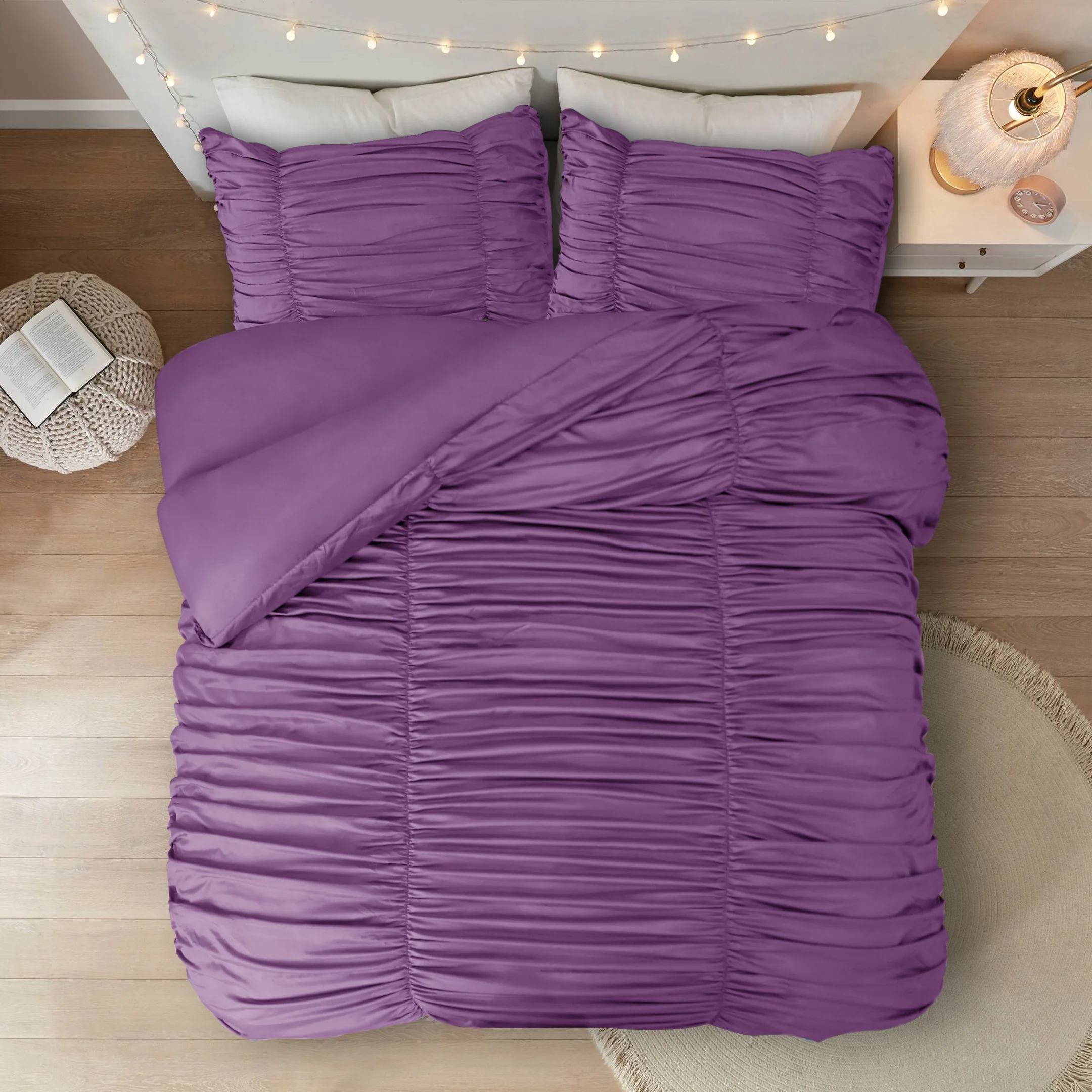 Новый стиль, доступная оптовая продажа, комплект пододеяльников из микрофибры с оборками, индивидуальный OEM ODM однотонный сиреневый цвет