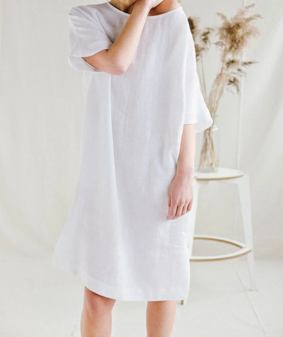 2023 Best Design Pure White Linen Loose Fit Dress Handmade Shirt Dress Half Sleeves Made With 100% Linen Made By Zed Aar Exports