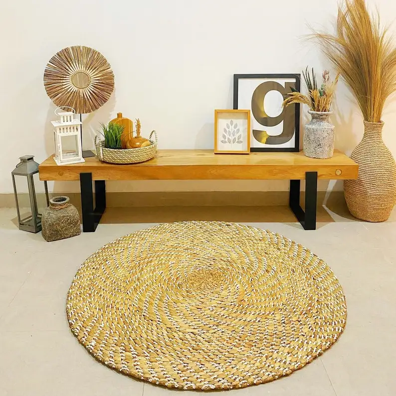 Plain Hand Woven water hyacinth Round Rug, Rustic Style Natural Brown Carpet Picnic Mat