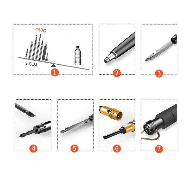 Multi Function Survival Portable Travel Aluminum Multitool Sticks Long Foldable Trekking Pole