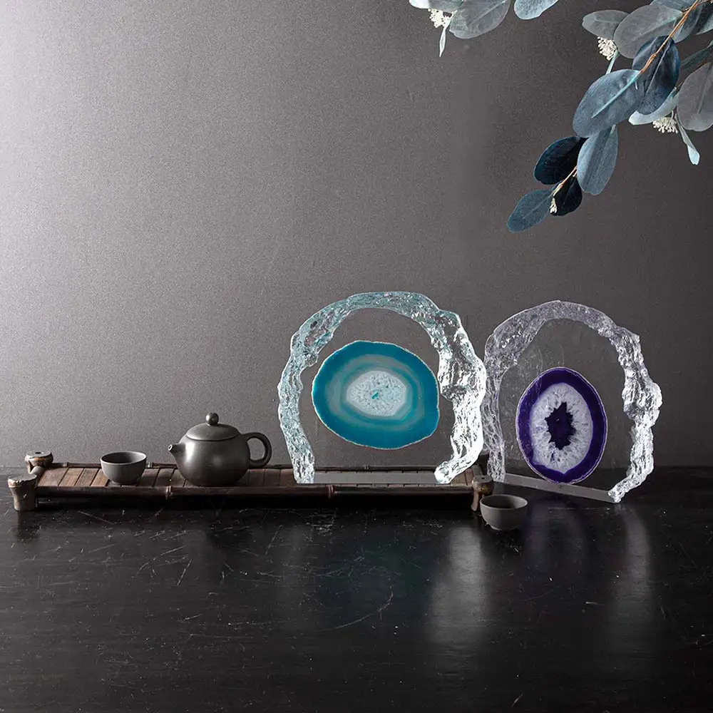 Elegant Blue lace Agate Stone table ornament crystal slice in transparent resin craft energy healing stone decorative specimen