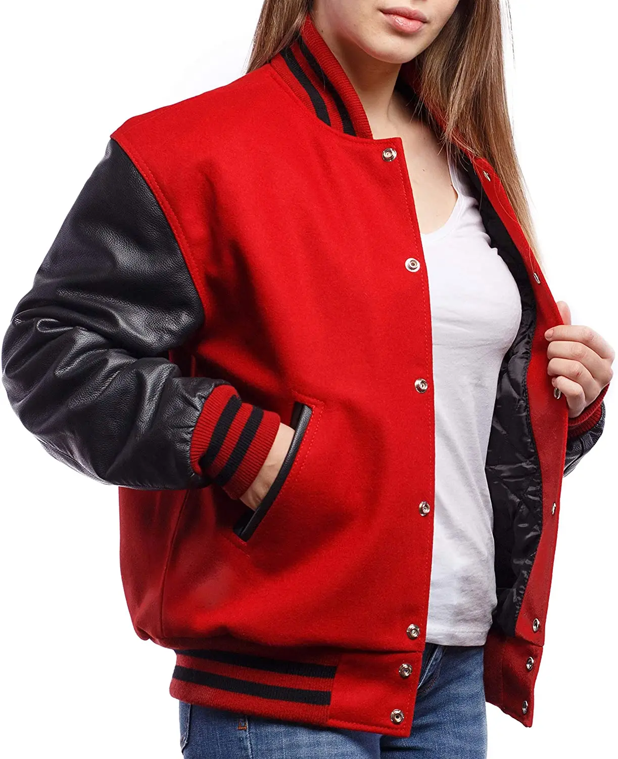 Оптовая продажа однотонная мужская или Женская Черная бейсбольная куртка Letterman varsity с кожаными рукавами