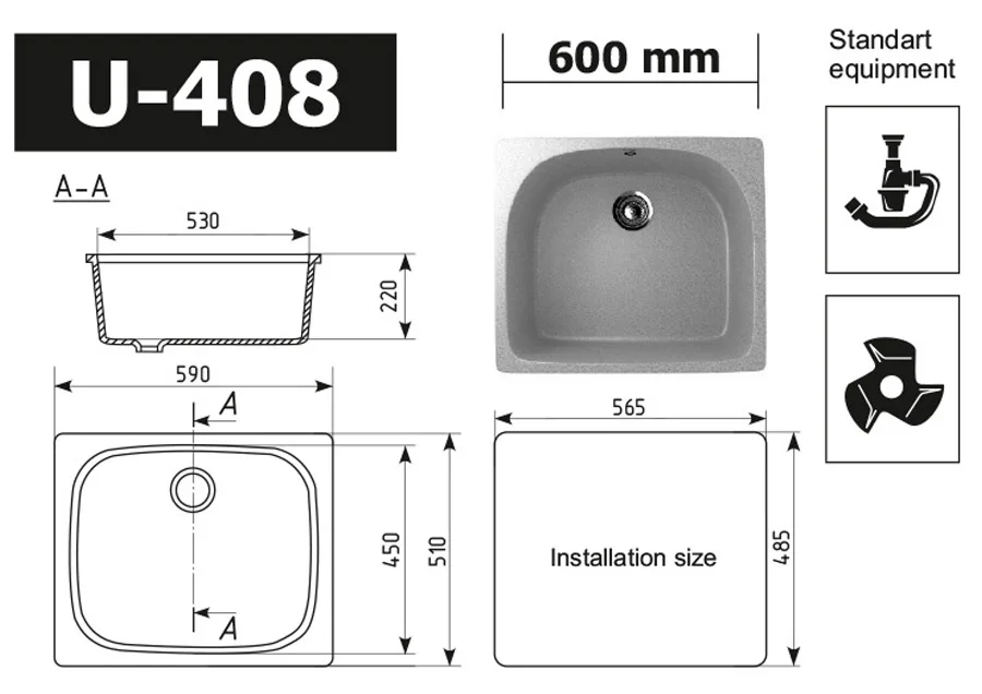 Composite reversible one-section kitchen sink ULGRAN U-408