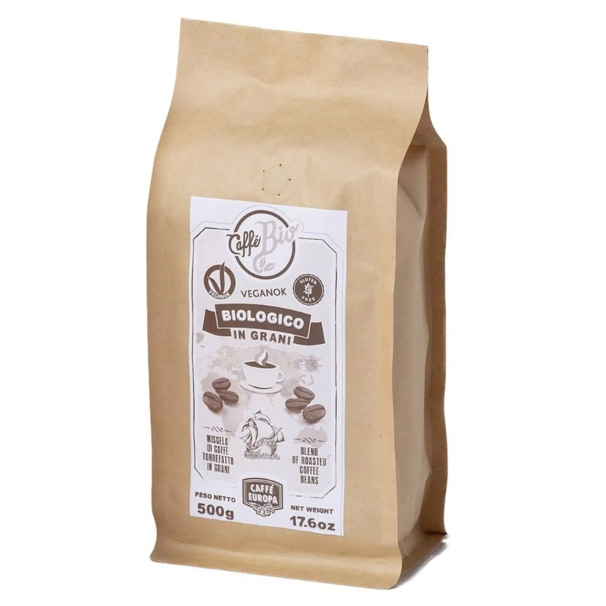 Organic, Vegan and Gluten Free Coffee Beans Caffe Europa 80% Arabica - 20% Robusta Blend Delicate Taste 500g
