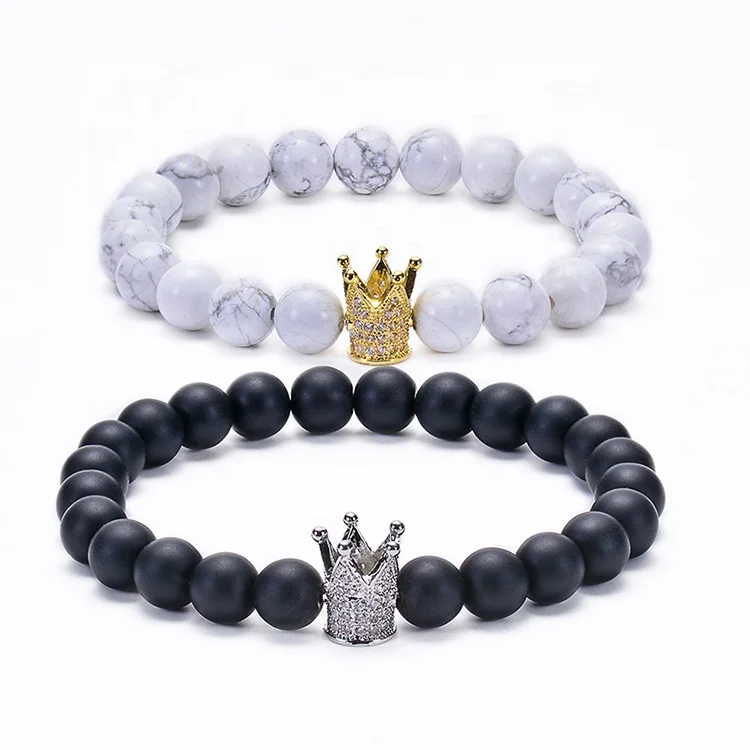 Custom Personalized Matt Black White Turquoise Silver Crown Her King His Queen 8mm Beads Couple Bracelet
