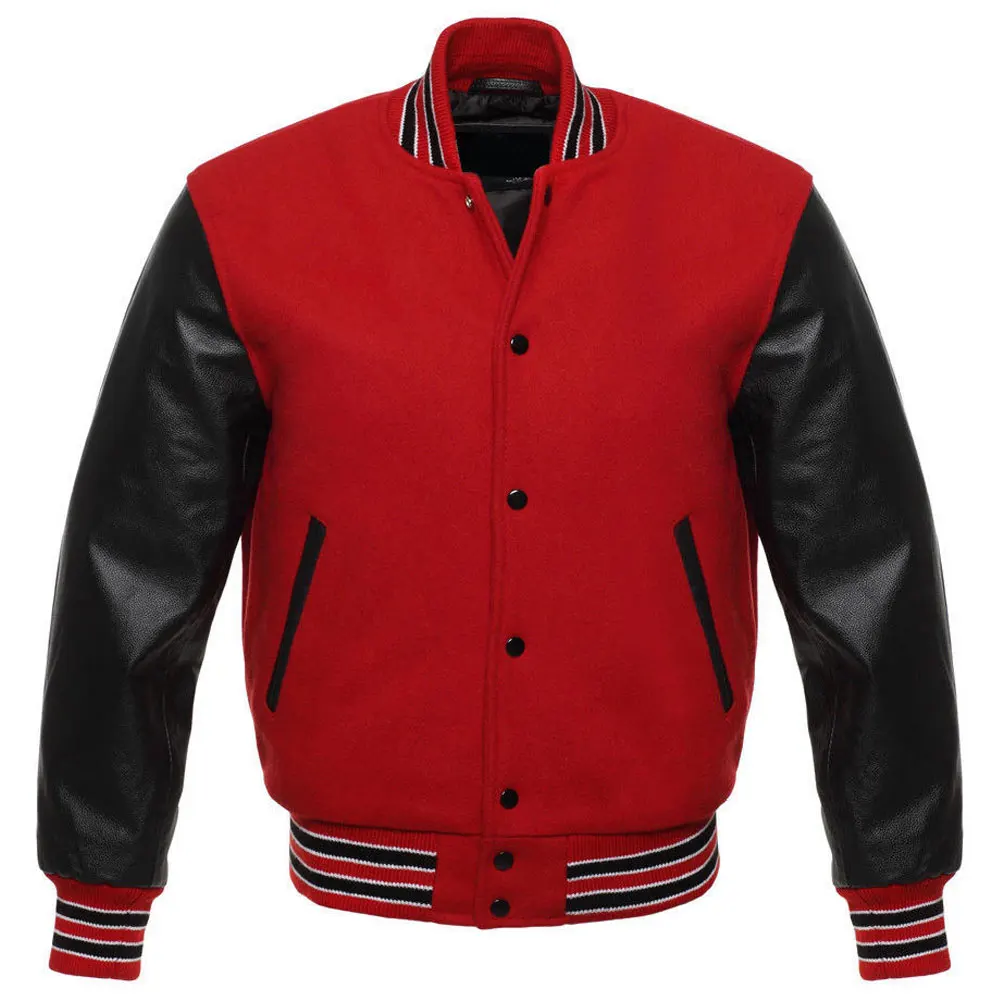 
Red and Black Color Real Leather Sleeves Lettermen Embroidered Varsity Jacket 