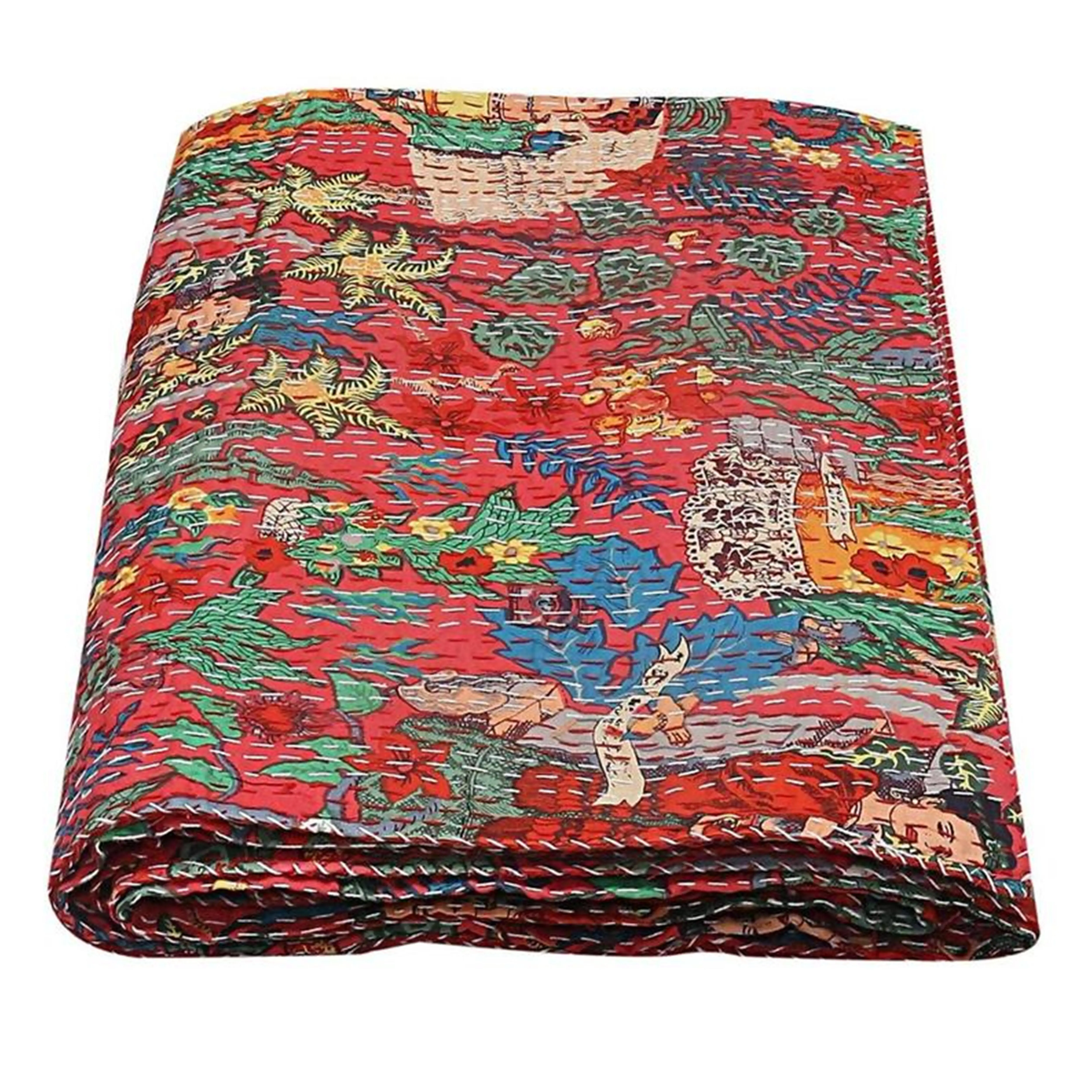 Throw Handmade Kantha King Size Reversible Bedding Bedspread Decorative Blanket Indian Patchwork Kantha Quilt Manufacturer