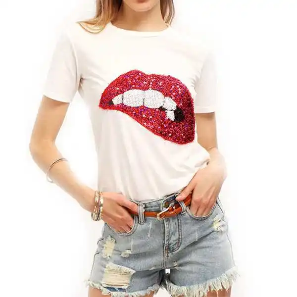 
Сексуальная одежда для вечеринок, футболки для женщин белого цвета с принтом губ спереди 