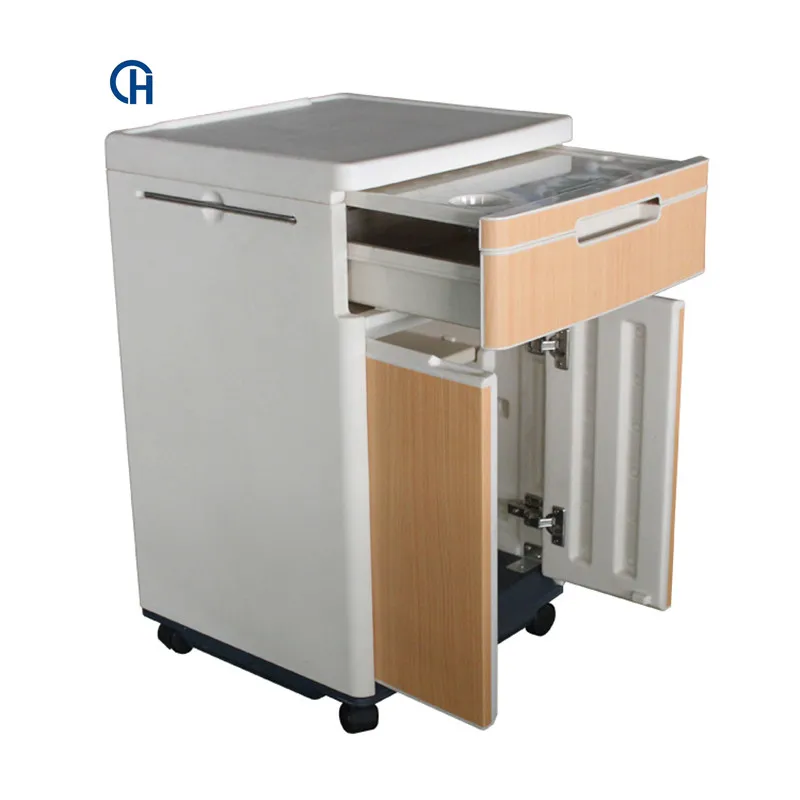 Hospital Movable Plastic Medical Bed Cabinet Locker Bedside Table With Wheels