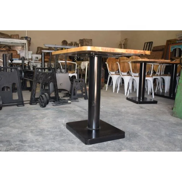 Antique-Style Industrial Restaurant Dining Table with Steel and Oak Wood Base for Hotels Office Jodhpur Home Kitchen Furniture