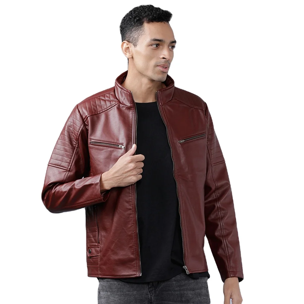 Burgundy 2022 Custom Stylish High Quality Zipper New Design Winter Full Sleeved Out Door Solid  Leather Jacket For Men 2022