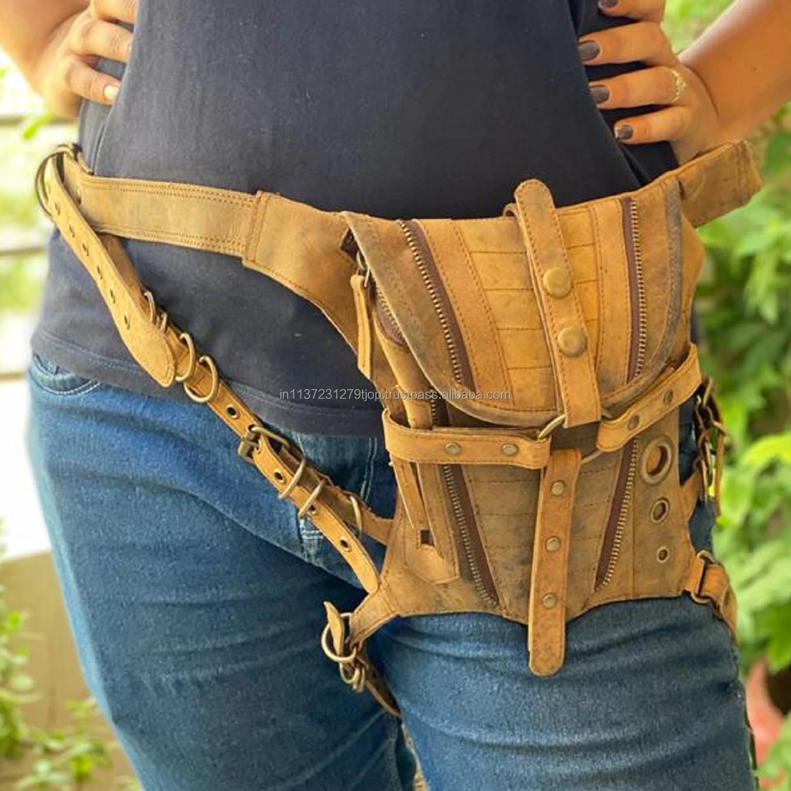 Leather Waist Pocket Belt Unisex Biker Belt Motorcycle Belt