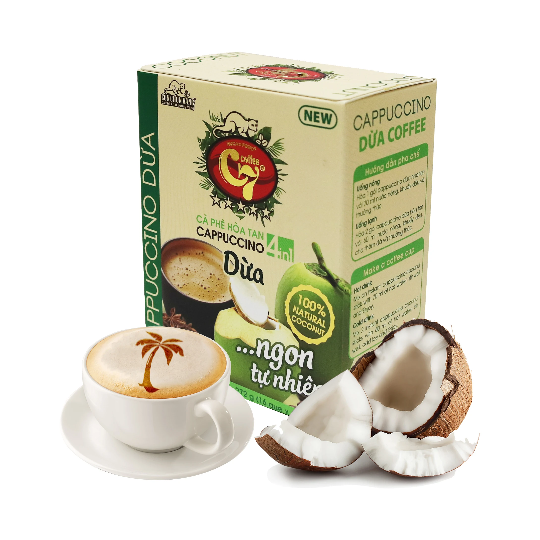 OEM ODM частная торговая марка вьетнамский кофе. 100% кокосовый порошок капучино кофе 4 в 1 оптовая продажа HUCAFOOD