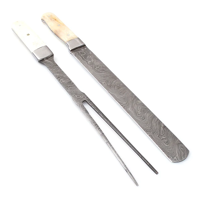 02-Piece Custom Hand Forged Damascus Chef BBQ Knives Fork Set High Quality Steel Kitchen Knife Sharp Features Boning Material