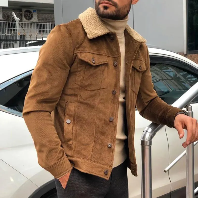 Mens Denim Style Shearling Fur Collar Suede Leather Jacket Causal Sherpa Fashion Bomber Genuine Leather Jacket Wholesale OEM