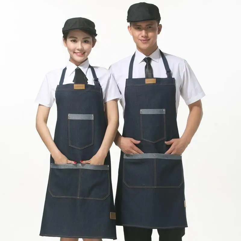Cotton Jeans Aprons Denim Simple Uniform Unisex Adult Coffee Tea Shop Work BBQ 3 in 1 Piece