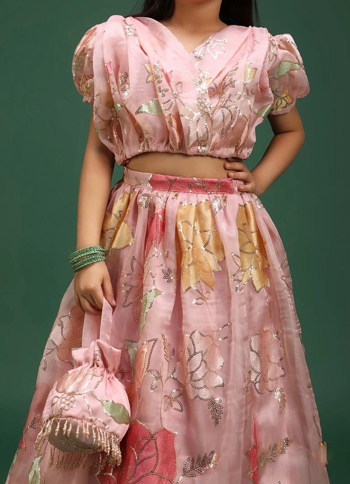 New Stylish Design Pleated Girls Kids Wear Sequin Thread Work Unique style Blouse Lehenga V neck Organza Satin And Shantoon