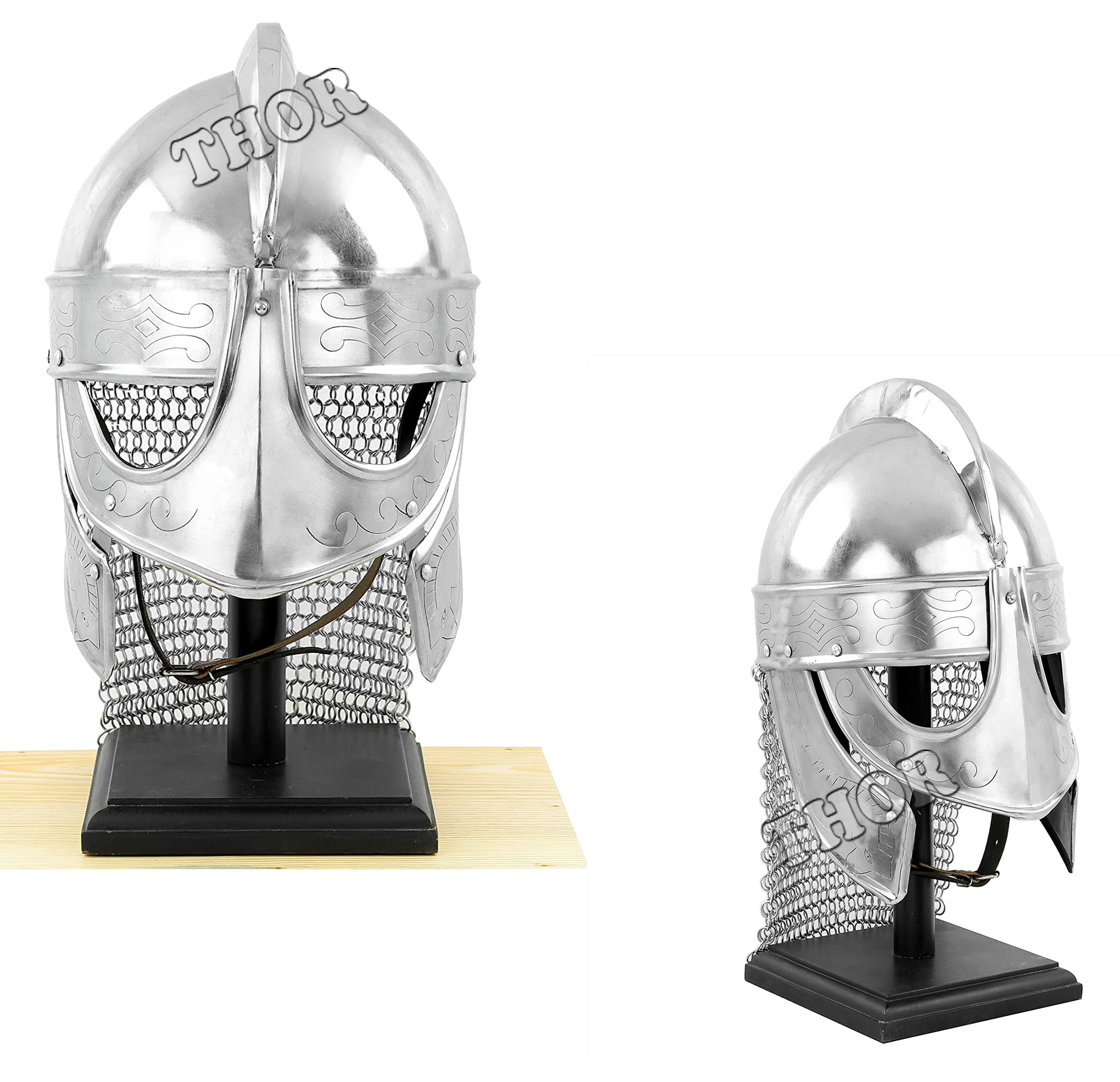 Viking Helmet with chainmail Medieval Norman Knight Battle Armor~ Costume Helmet SIlver Polished W/Wooden Stand