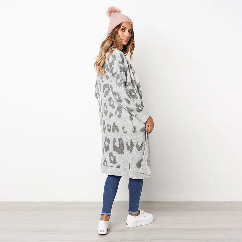 
Autumn winter women long knit cardigan with pocket leopard sueter cardigan sweater 
